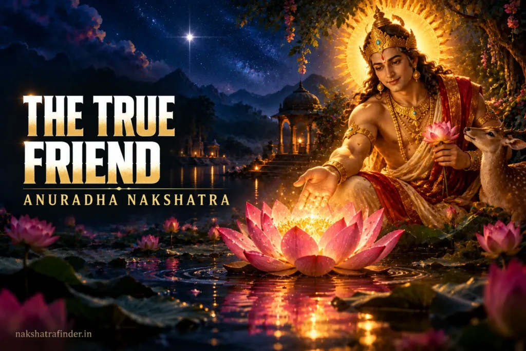 Anuradha Nakshatra symbol, a pink lotus blooming on dark water at night