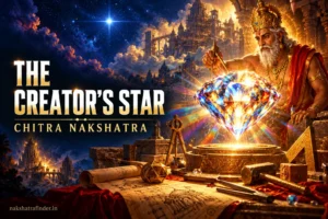 Chitra Nakshatra symbol, a shining jewel with Vishwakarma's tools and the star Spica