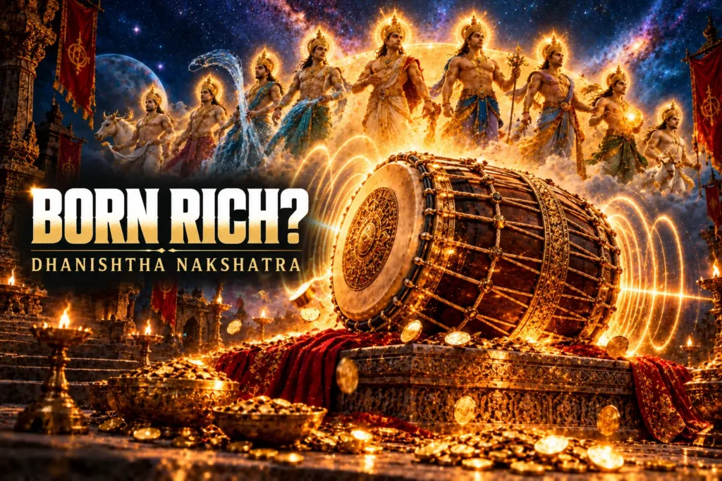 Dhanishtha Nakshatra symbol, a glowing drum surrounded by gold coins and the eight Vasus