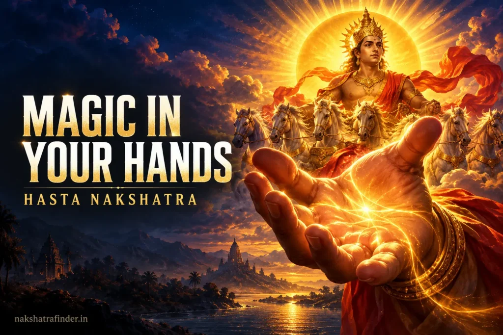 Hasta Nakshatra: Traits, Padas, Career, Marriage and Remedies 1 Hasta Nakshatra symbol, a glowing open hand with Savitar the Sun god behind it