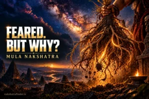 Mula Nakshatra symbol, a bundle of glowing roots against the centre of the Milky Way