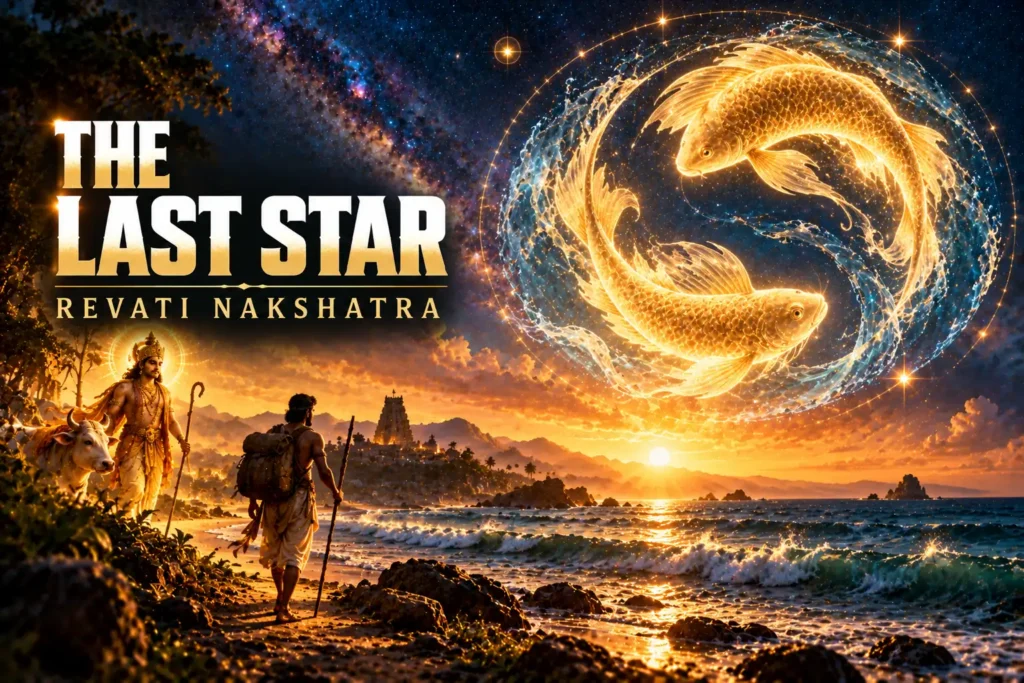 Revati Nakshatra: Traits, Padas, Career, Marriage and Remedies 1 Revati Nakshatra symbol, two golden fish in the ocean at dawn with Pushan guiding a traveller