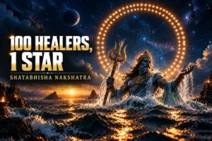 Shatabhisha Nakshatra symbol, an empty circle of a hundred stars with Varuna rising from the ocean