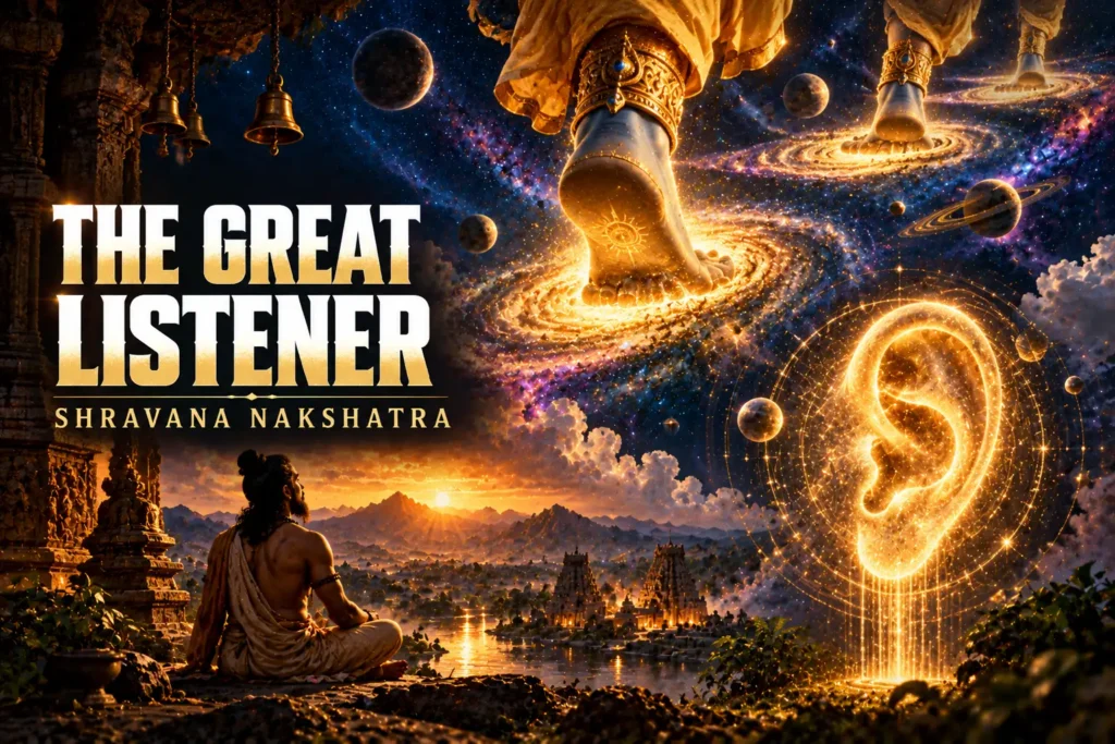 Shravana Nakshatra symbol, a glowing ear and Vishnu's three footprints across the sky