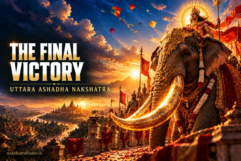Uttara Ashadha Nakshatra: Traits, Padas, Career, Marriage and Remedies 1 Uttara Ashadha Nakshatra symbol, a golden elephant tusk and the rising Sun with Sankranti kites