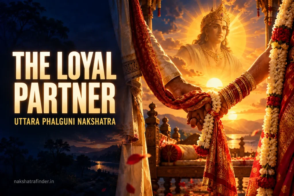 Uttara Phalguni Nakshatra symbol, joined hands under the rising Sun with a wooden cot